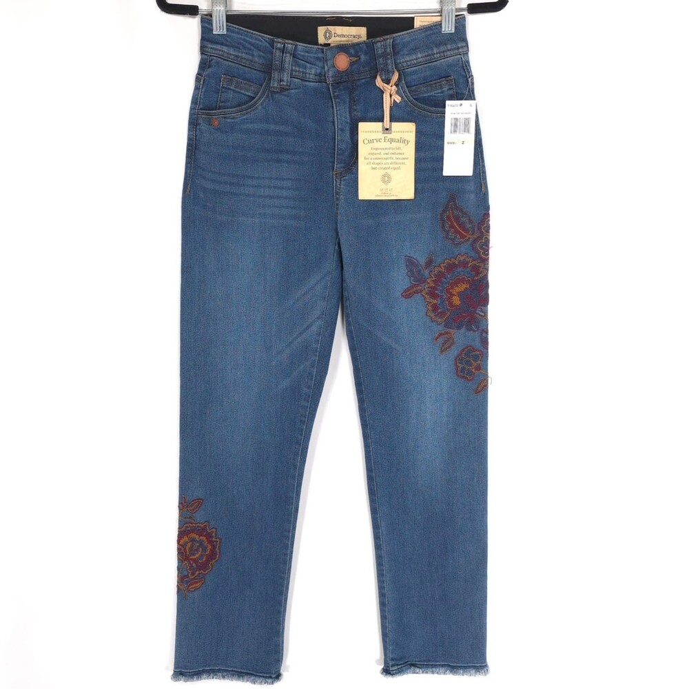 DEMOCRACY Ab Technology New Jeans Embroidered Floral Straight Crop Women Size 2